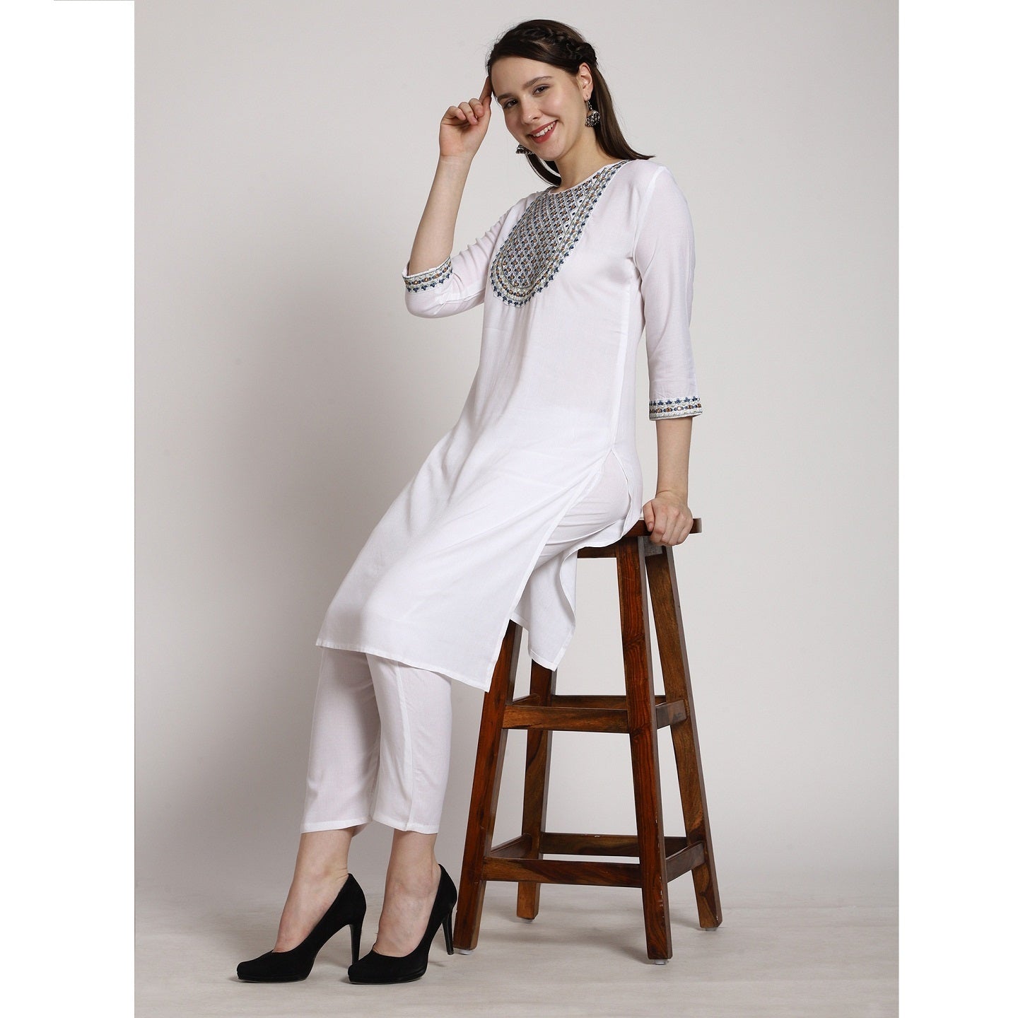 White Blue Embroidered Cotton Blend Straight Kurta Pant Set